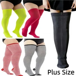 FREEAUCE 대형 오버사이즈 여성용 플러스 사이즈 허벅지 높이 양말, 스트라이프 블랙 스타킹, 무릎 길이 양말, 다리 워머, 5XL