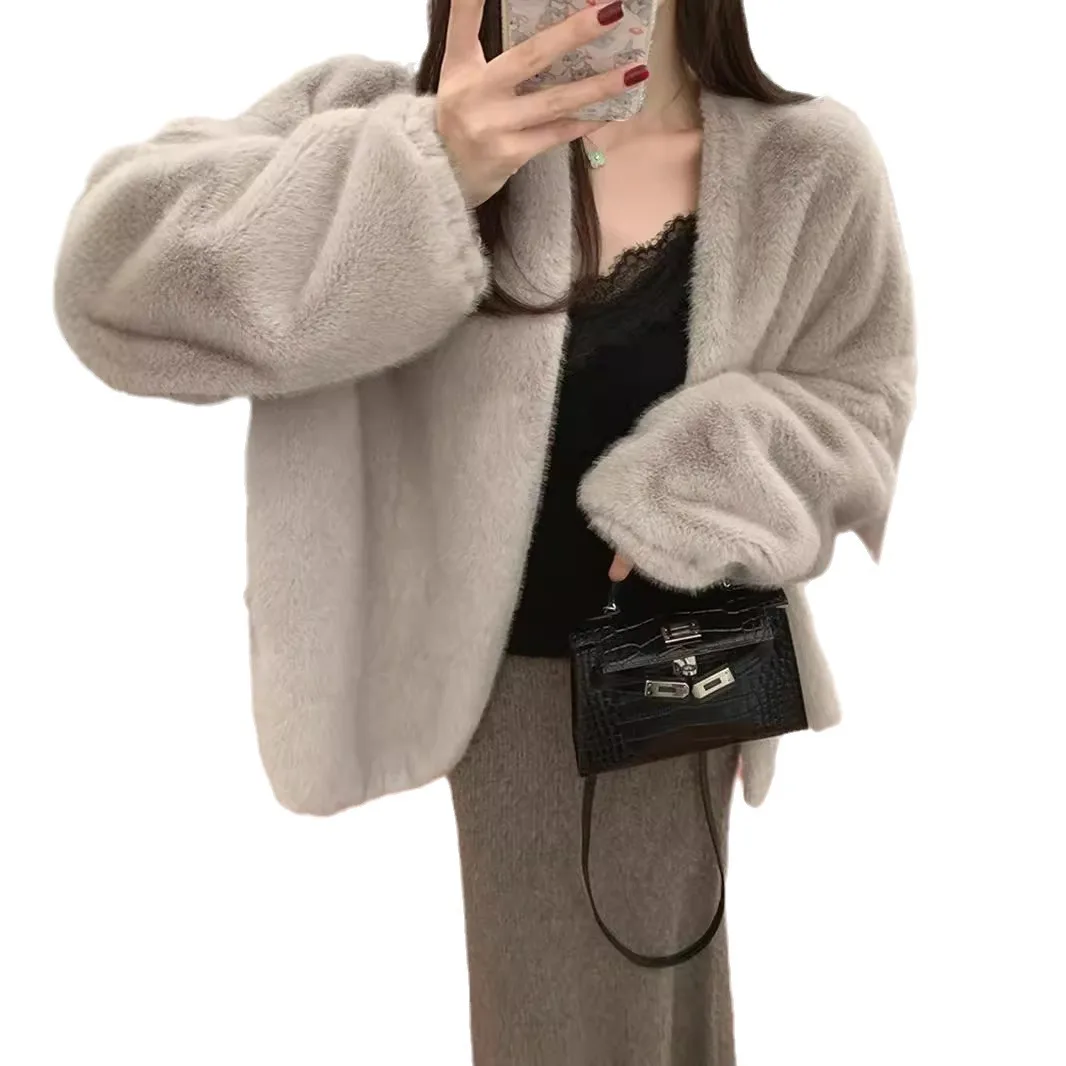 Faux Pelz Mäntel Frauen V-ausschnitt Mantel Strickjacke Jacken Solide Gespleißt Jacke Lose Streetwear Oberbekleidung Splice Dicke Warme Winter