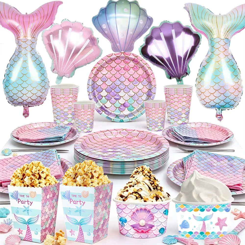 Meerjungfrauen-Party-Zubehör Meerjungfrauen-Schuppen-Muster Pappteller Becher Servietten Popcorn-Box Essensschale Mädchen-Geburtstagsparty Babyparty-Dekoration