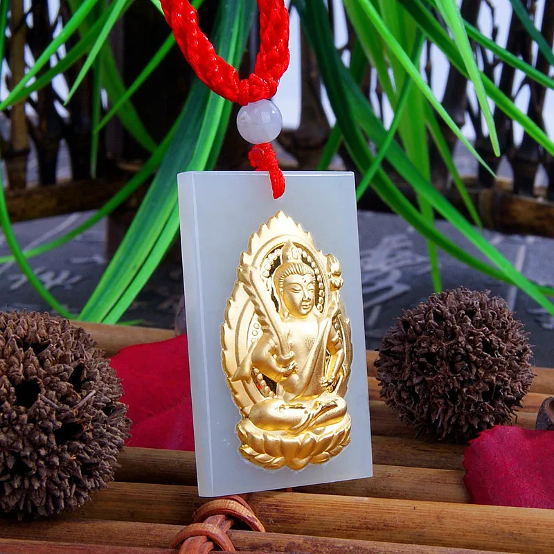 Gold Pendant With Eight Guardian Deities, Suitable Both Men Women, Featuring Hetian Jade And Void Hidden Bo