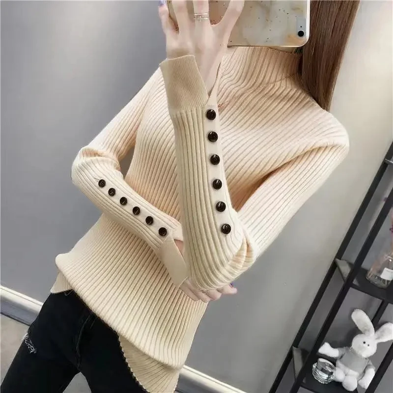 2023 nuevas mujeres de manga larga de cuello alto otoño Vintage Harajuku ajustado bajo de punto suéter de moda coreana jerseys femeninos