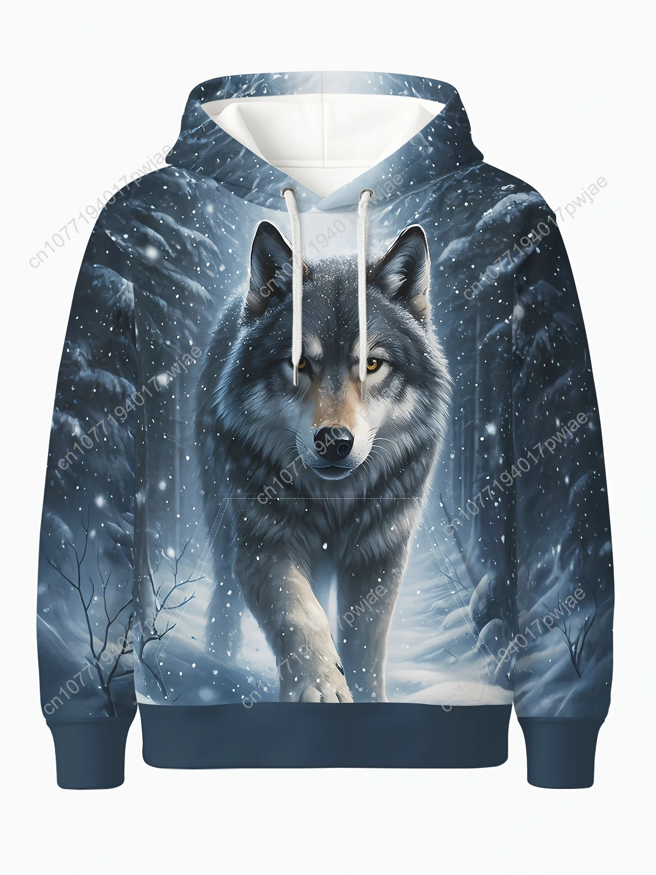 Felpa con cappuccio resistente da uomo - Pullover grafico All-Over HD Wolf con foresta nevosa, abbigliamento invernale streetwear per la stagione fredda, Mach