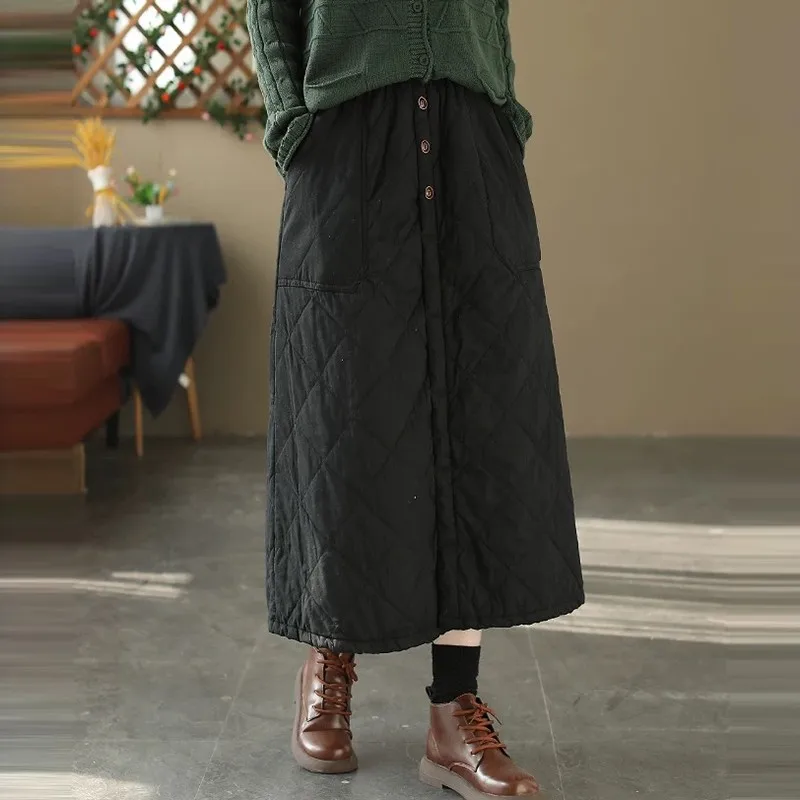 Women Casual Long Skirt New Arrival 2024 Autumn Vintage Style Solid Color Thick Warm Female Basics A-line Skirts B4018