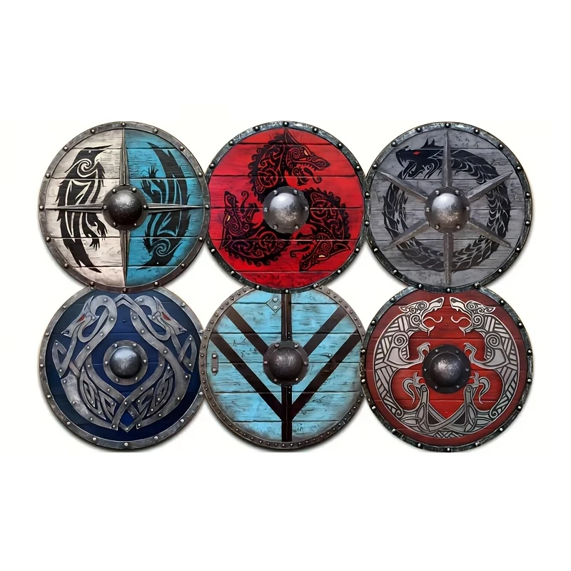 2D Flat, 6 Pcs Wooden Coasters Viking Warrior Shield Pattern Theme Desktop Heat Mats Home Decor Coffee Mug Coasters For Office - view 6