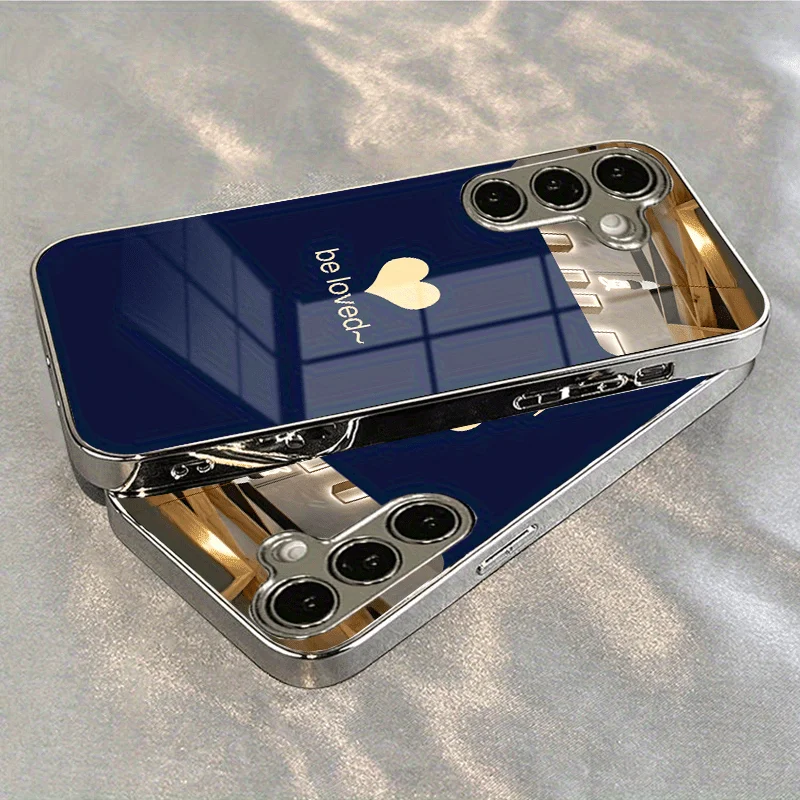 New electroplated glass case with blue background and yellow center pattern, suitable for Samsung S25, S24, S23, S22, S20