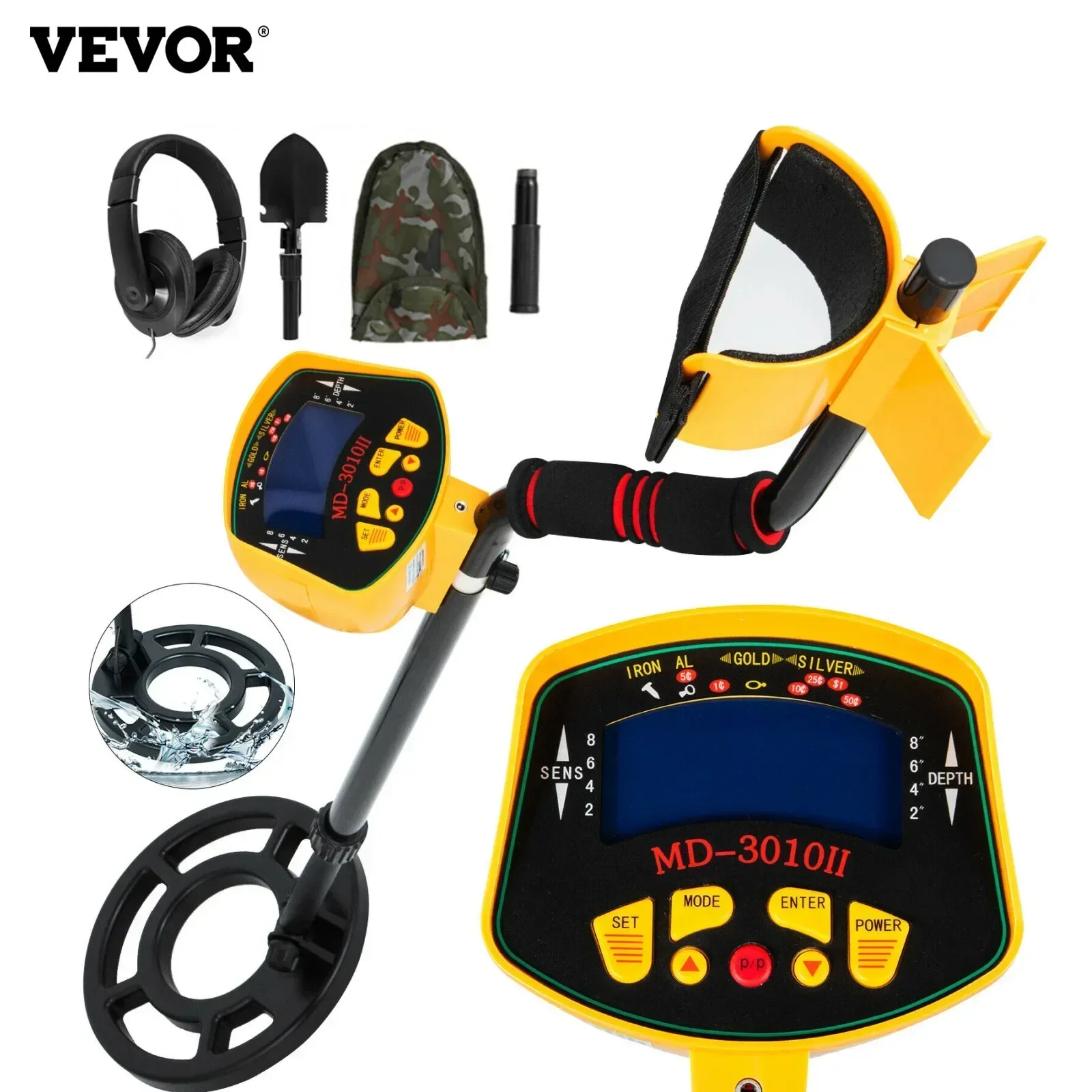 

VEVOR Yellow Metal Detector 3010 Waterproof LCD Metal Detector Gold Digger Deep Waterproof Coil w/Headphone Shovel Backpack