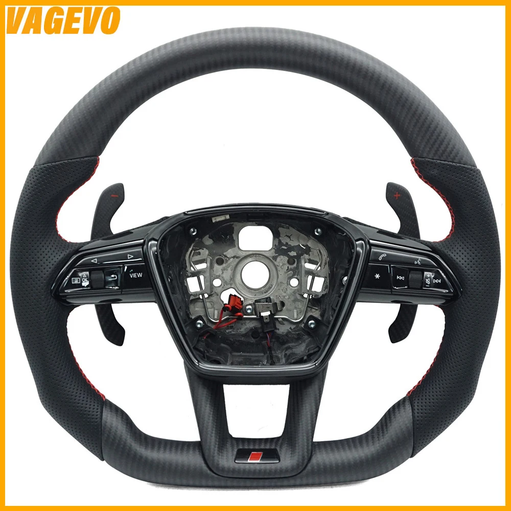 

Matte carbon fiber leather with red stitching multifunctional flat bottomed steering wheel with heating For Audi A6 C8