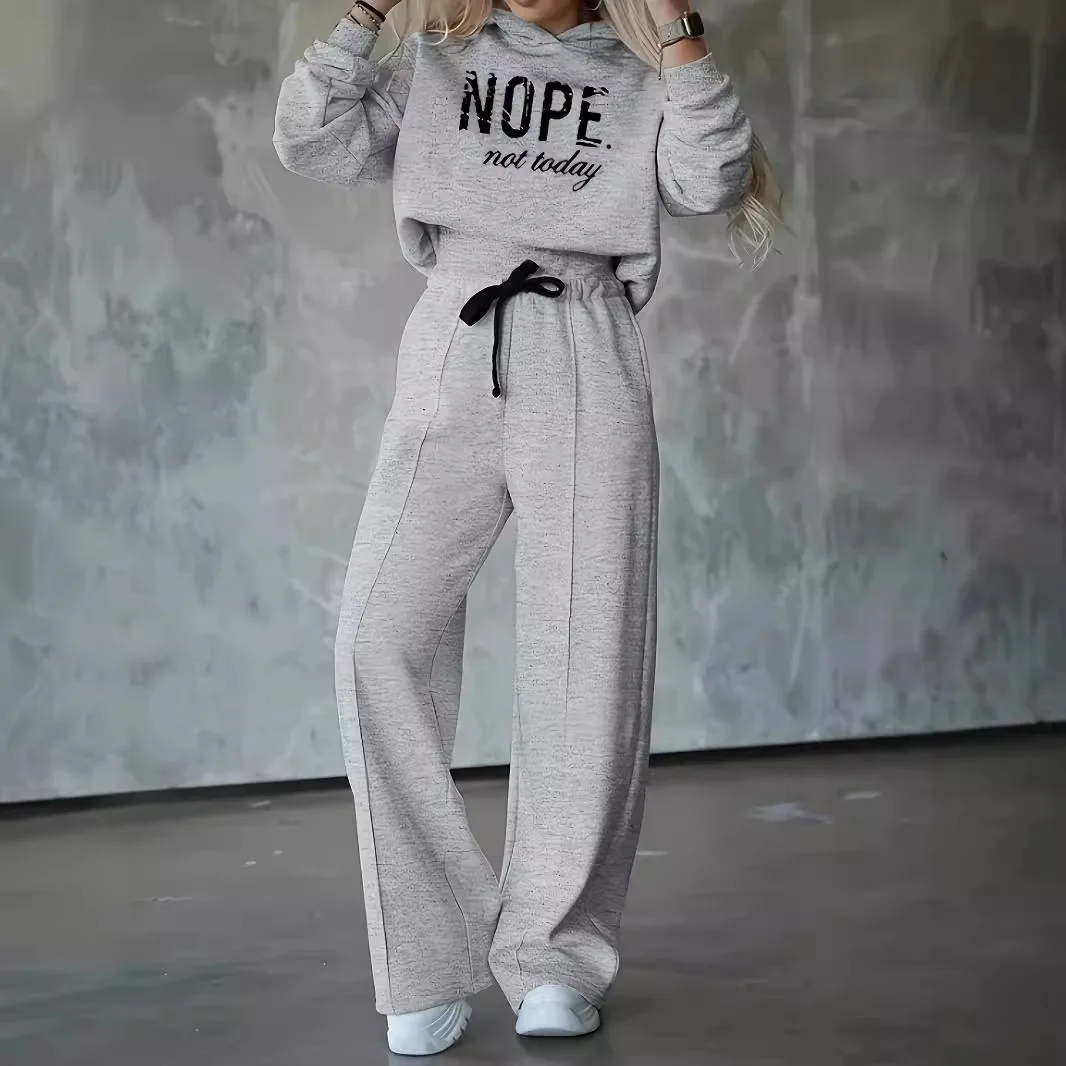 Conjuntos Femininos Hooded Letter Print Solid Color Long-sleeved Sweatshirt Wide-leg Pants Sports Suit Ropa Otoño Invierno Mujer