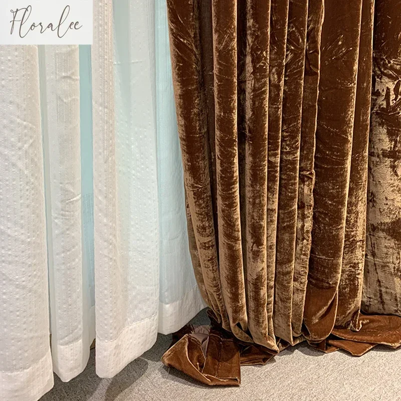 

New High-end Golden Brown Velvet Curtains For Living Room Bedroom Villa European Style Custom Curtains Embroidered Tulle Curtain