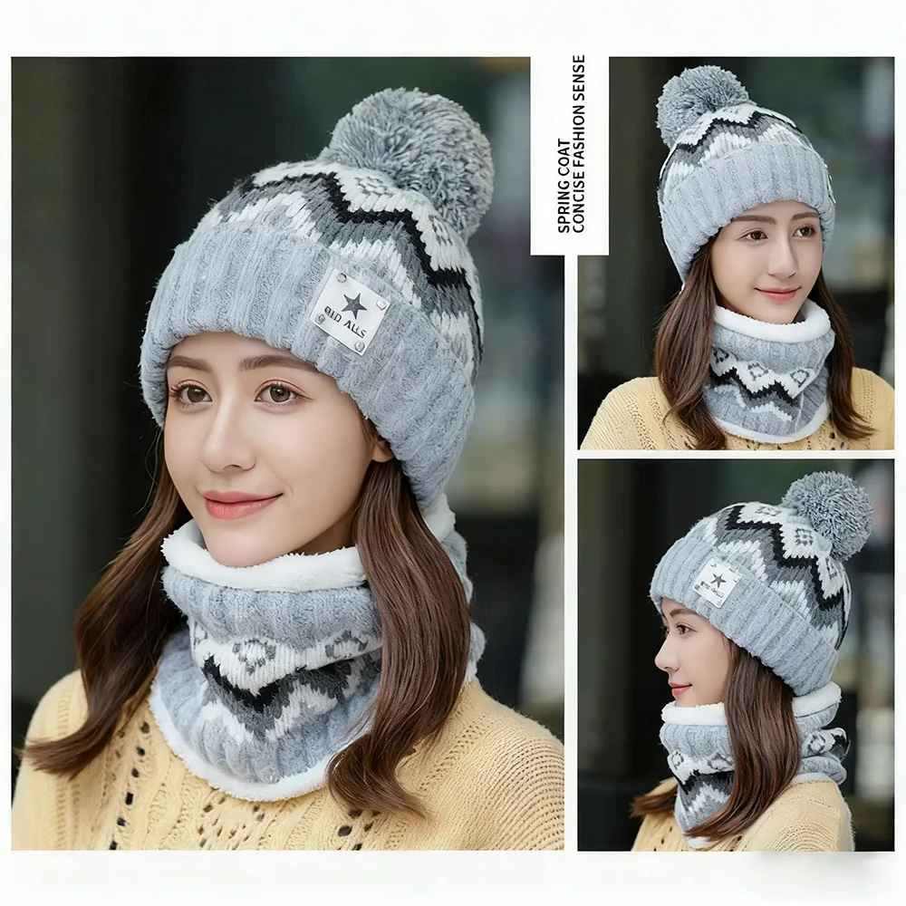 2 قطعة مجموعة الشتاء النساء القطيفة المخملية القبعات الرقبة أدفأ قبعة وشاح مجموعة بيني الدراجات يندبروف قبعة في الهواء الطلق حماية الأذن #3