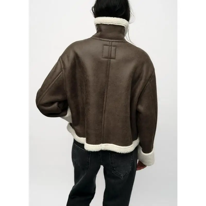 Jaqueta Curta de Couro com Gola Retro e Manga Longa para Mulheres, Nova Chegada de Outono Inverno, Material Inteado, Gola P...