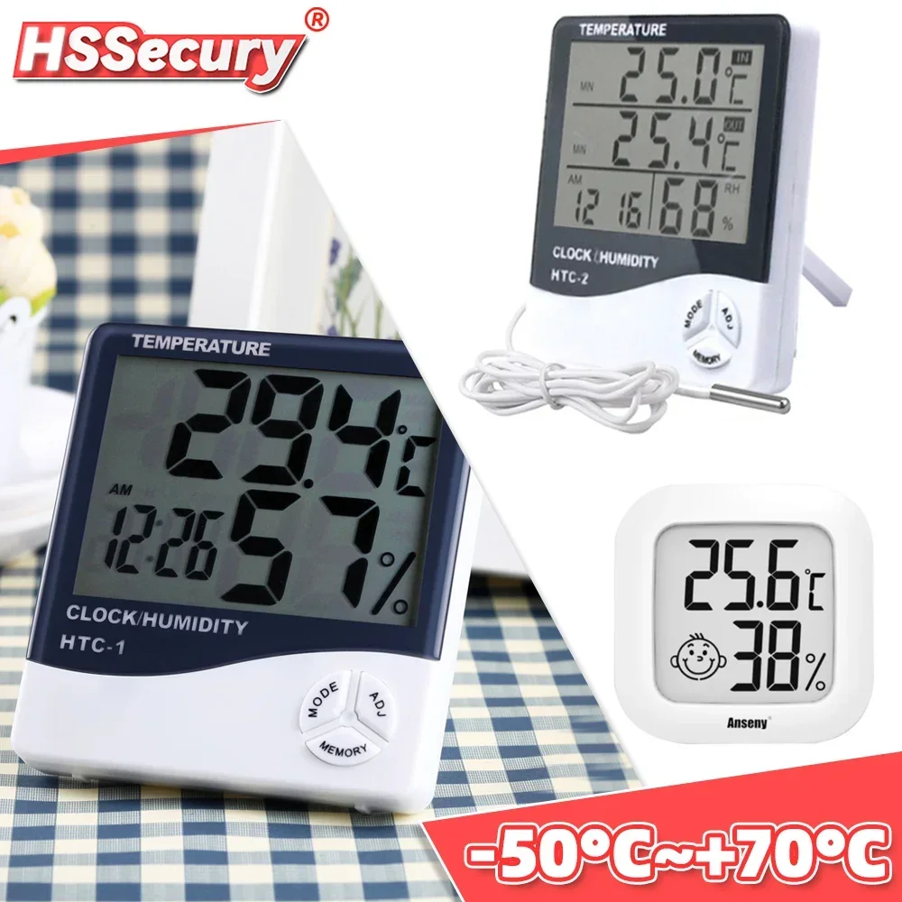 Termómetro Electrónico LCD para interiores y exteriores, higrómetro con reloj despertador, Monitor de humedad meteorológica para el hogar
