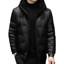 BATMO 2022 new arrival winter 90% white duck down hooded jackets men, Warm PU leather coat size M-7XL B27998