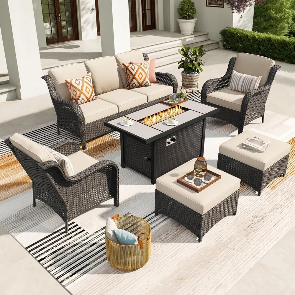 

6-Pieces Patio Furniture Set with 42 Inch Fire Pit Table, Outdoor Wicker Sofa Couch Ottomans Comfy Cushions, Modern High Back C