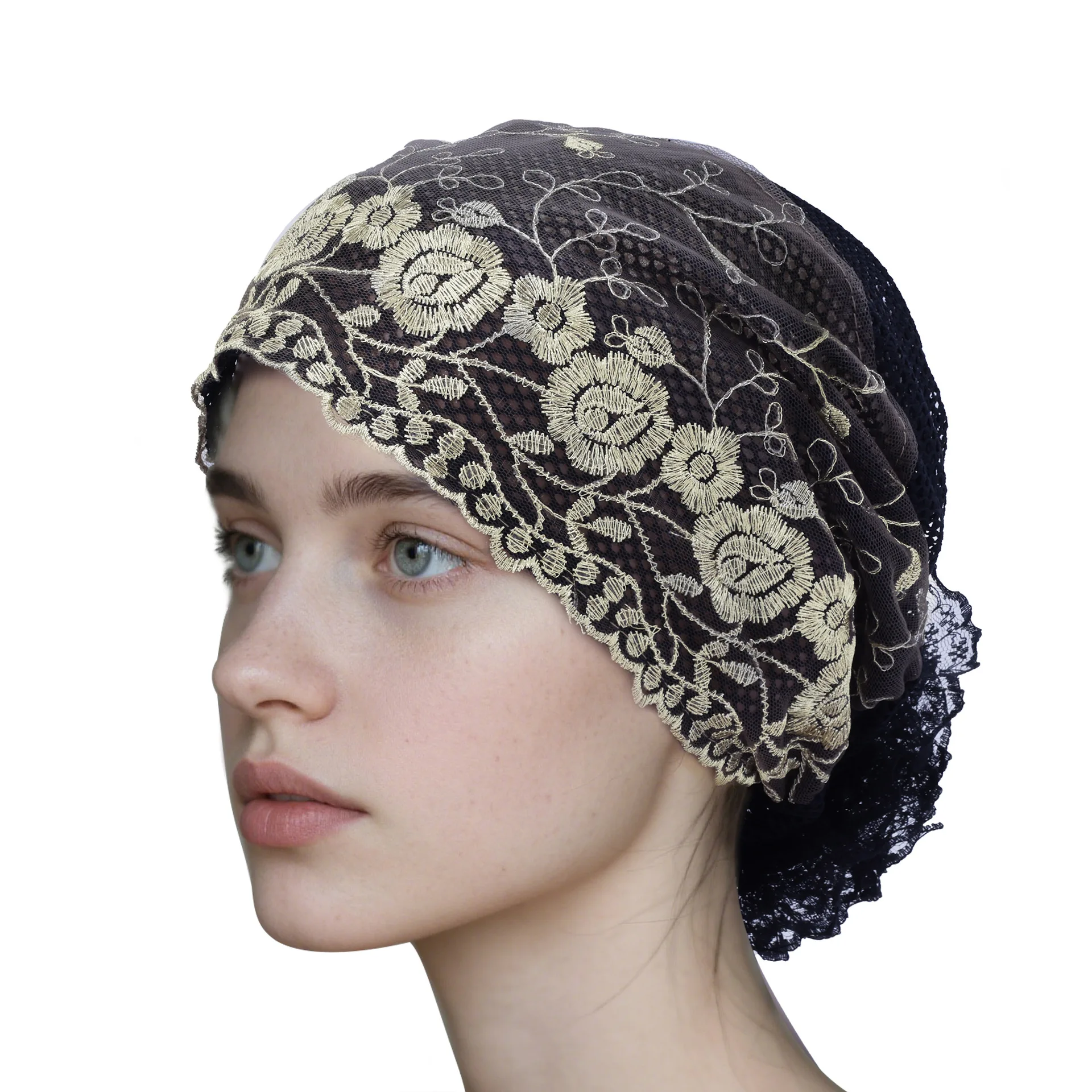 

Новый кружевной внутренний хиджаб с вышивкой, женская шапка для химиотерапии, мусульманский платок с цветком, нижний шарф, тюрбан, шапочки, капот, повязка на голову от выпадения волос