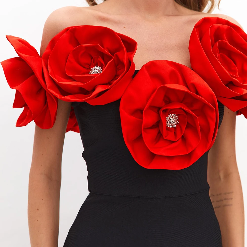 فساتين سهرة مستقيمة مخصصة بطول الشاي قبالة الكتف بدون أكمام فستان حفلات بسيط على شكل زهور كريستالية للحفلات #3