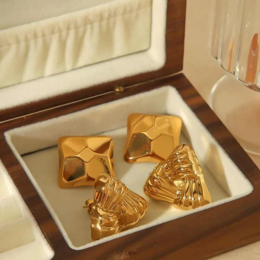 Fashion Personality 18k  Gold Plated Irregular Geometric Triangular Stud Earrings Chunky Glossy Stainless Steel Square Earrings