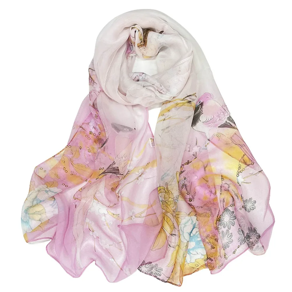 

Durable Embroidered Silk Scarf Sun-Resistant Smooth Long Wraps Breathable Silk Sunscreen Hijab for Women