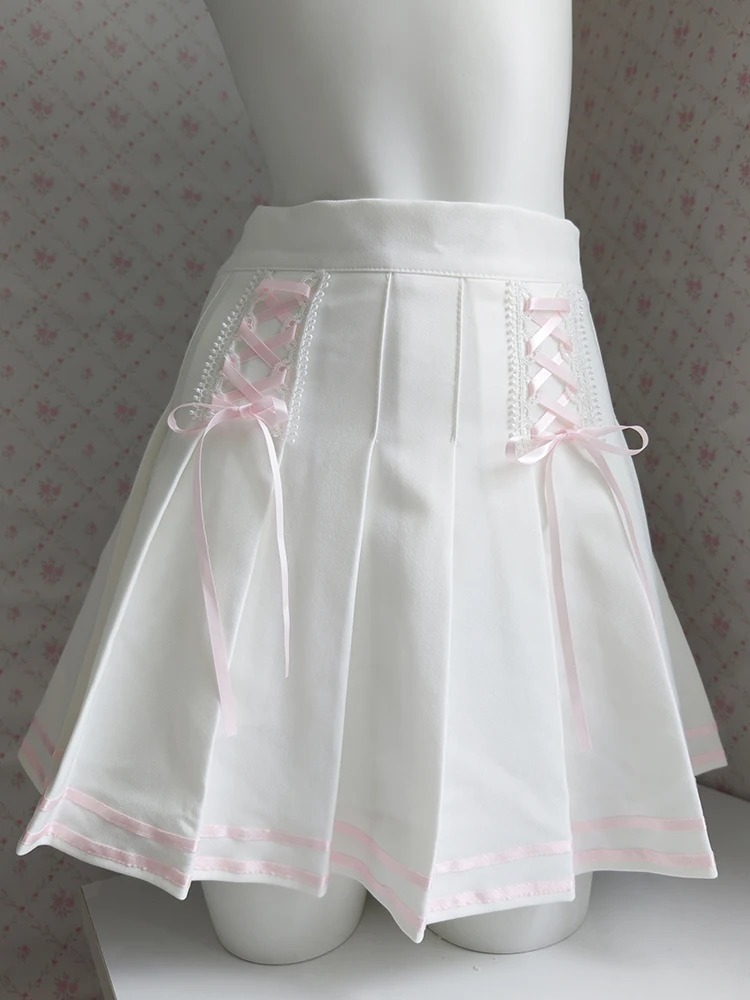 

Kawaii Pleated Skirts Women Summer Pink Ribbon Lace-up High Waist White Shorts Skirt for Sweet Girls