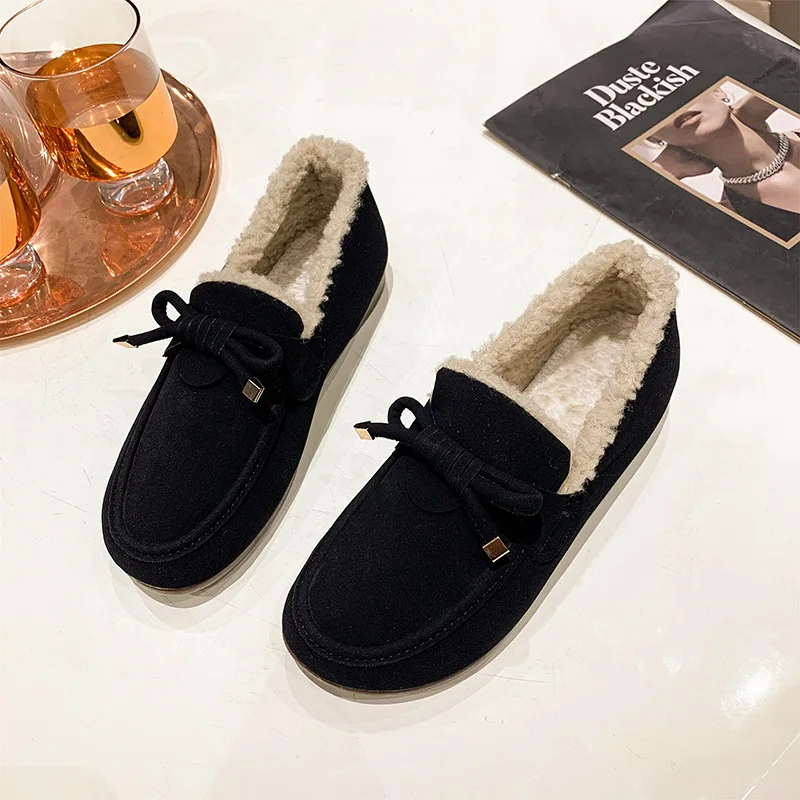 Black Leather Loafers Shoes Woman Boots Winter Flat Fashion Keep Warm One-step Faux Fur Casual Shoes Women Walking Flats Shoes