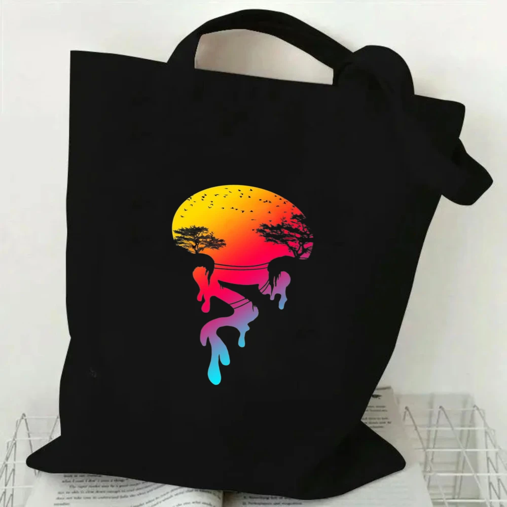 Cool Streetwear Canvas Bag Tote Bag Shoulder Bag Handbag Melting Sunset Graffiti Print Gift for Teen Girls Boys Students Black