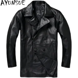 AYUNSUE Mens Leather Jacket Cowhide Mid Length Coats Autumn Men Clothing Business Casual Style Black Windbreaker Куртка Мужская