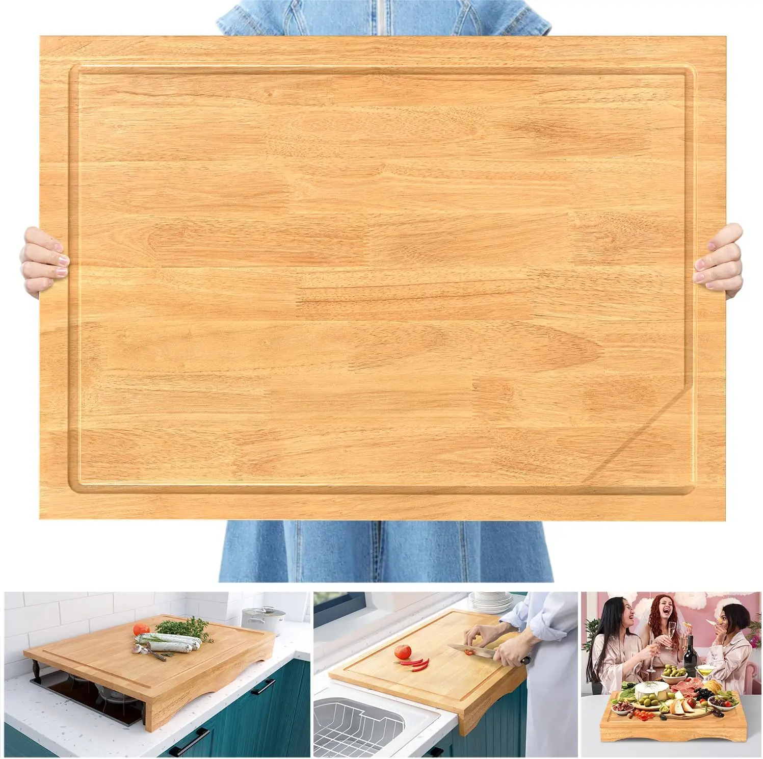

32x23.5in Extra Large Solid Wood Cutting Board and Stovetop Cover – 2-in-1 Over The Sink Cutting Board & Gas Stove Cove