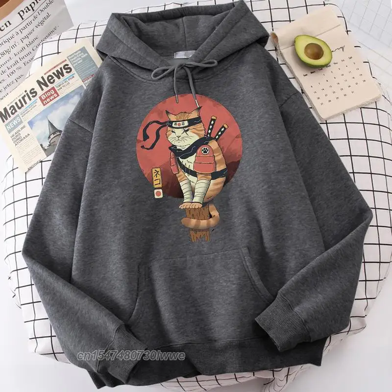 Shinobi Cat Japanese Cool Style Ukiyoe Printing Males Hoody Warm Winter Comfortable Sportwear Loose Casual 2022 Mens Hooded