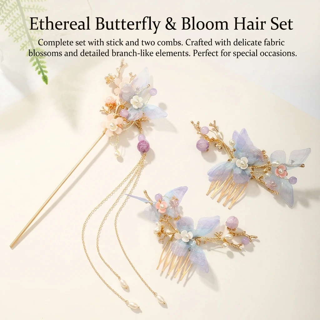 Antique Silk Butterfly Hairpin Elegant Jewelry Hair Accessories Hanfu Cosplay Tassel Comb Set Traditional Chinese Style Headwear 5