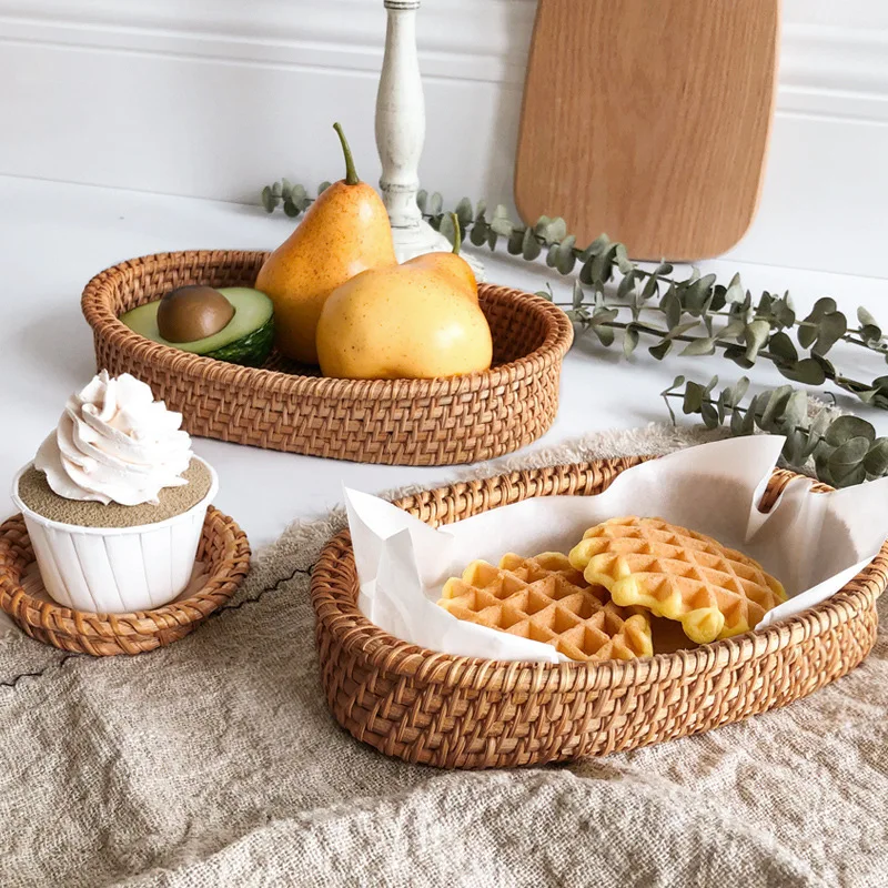 

Rattan Handmade Bread Basket Household Small Steamed Buns Dessert Fruit Tray Kitchen Dessert Fruit Tray Food Storage Basket