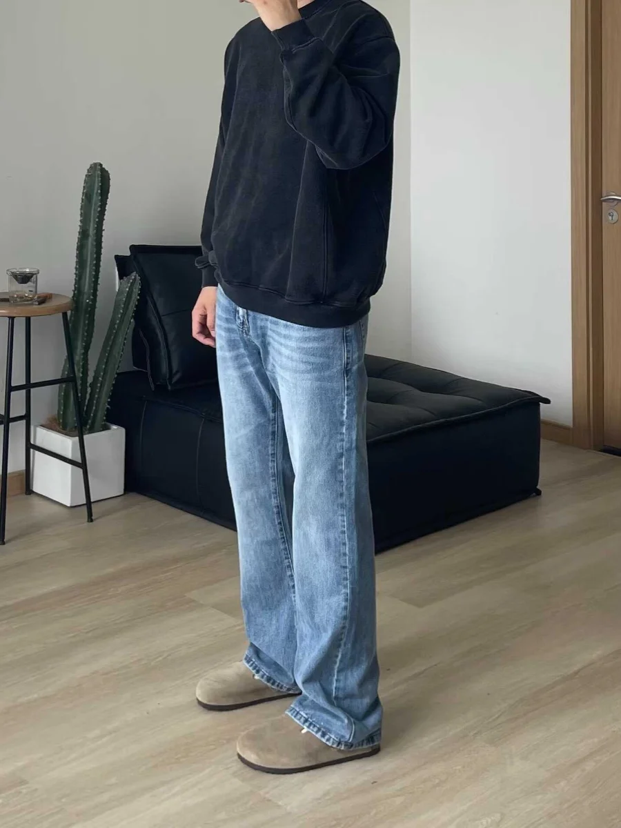 Retro Amerikaans lichtblauw waed distred slim fit herenjeans hoge taille lange broek met rechte pijpen vrijetijdskleding alle seizoenen