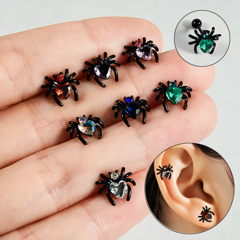 1Pc Surgical Steel Black Spider Zircon Ear Helix Tragus Cartilage Labret Lobe Earrings Rook Conch Stud Piercing Jewelry16gX8mm