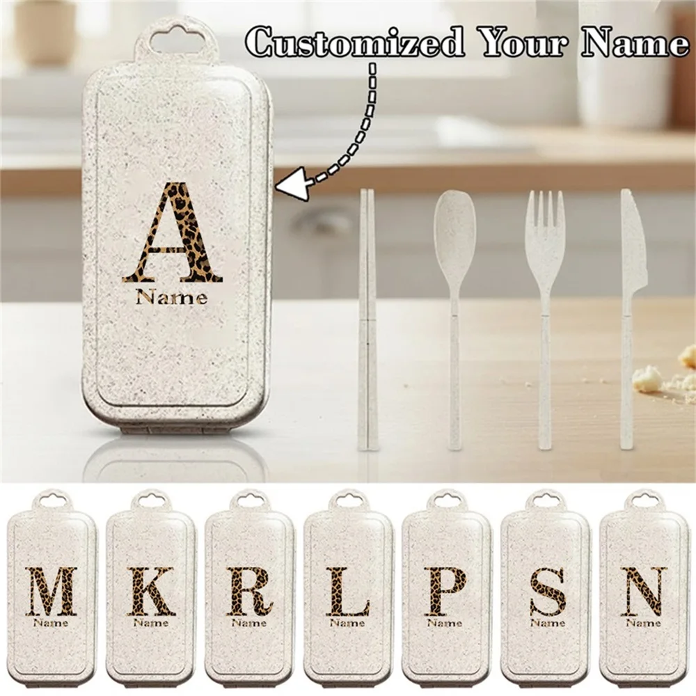 Customized Name 4pcs Travel Utensils Set With Case Cutlery Kit Detachable Box Organizer Personalized Wild Leopard Print for Gift
