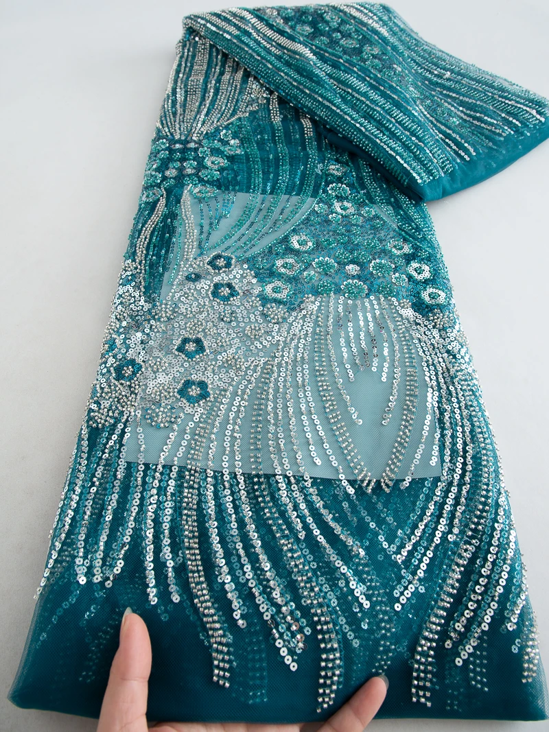 Kalume Green French Mesh Lace Fabric Beads African Lace Fabrics Nigerian Mesh Lace Fabric For Diy Dresses Party Wedding F4034