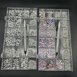 Mixed AB Red Blue Glass Crystal Diamond Flat Rhinestone Nail Art Decoration 21 Grid Box Nails Accessories Set With 1 Pick Up Pen