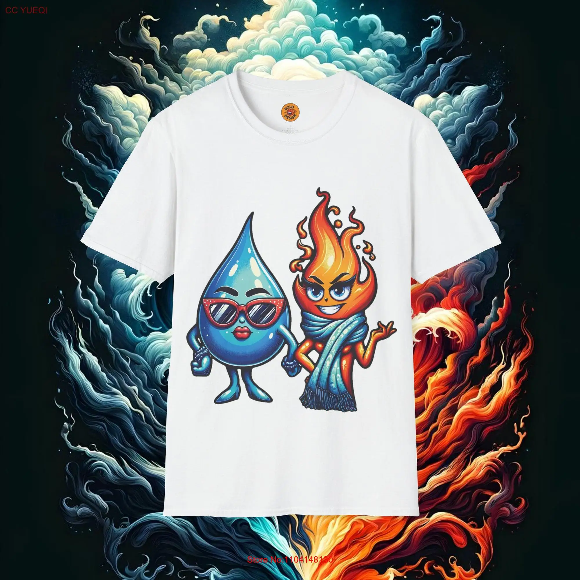 Fire and Water Elements T Shirt Vibrant Character Design Cotton with Unique Elemental Art long or short sleeves