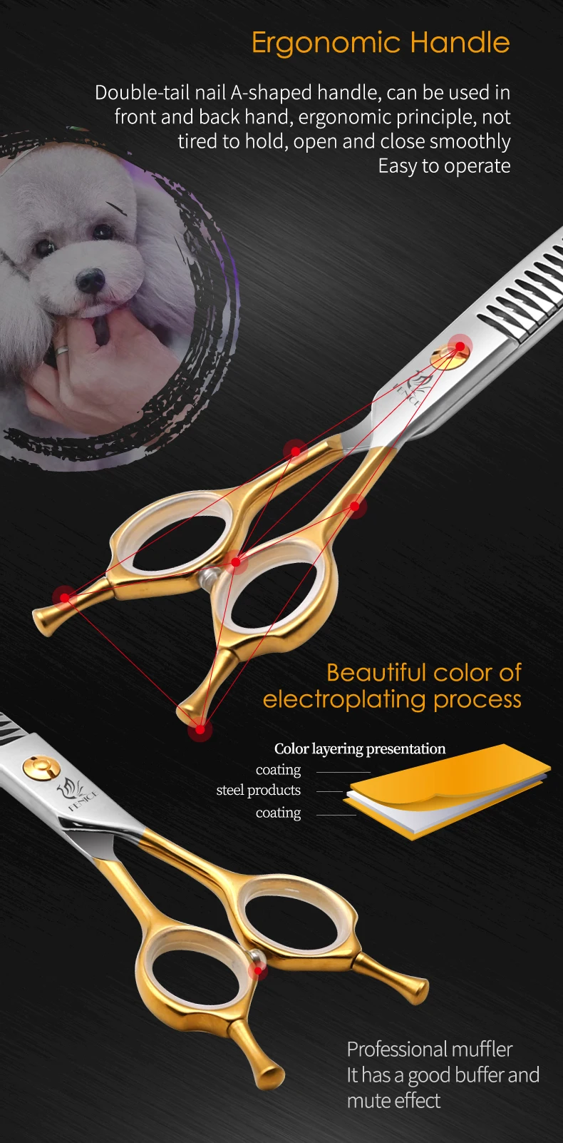 Fenice JP440C High Quality 7.0/7.5 inch Professional Dog Grooming Scissors Curved Chunker Scissors Grooming for Dogs Face Body