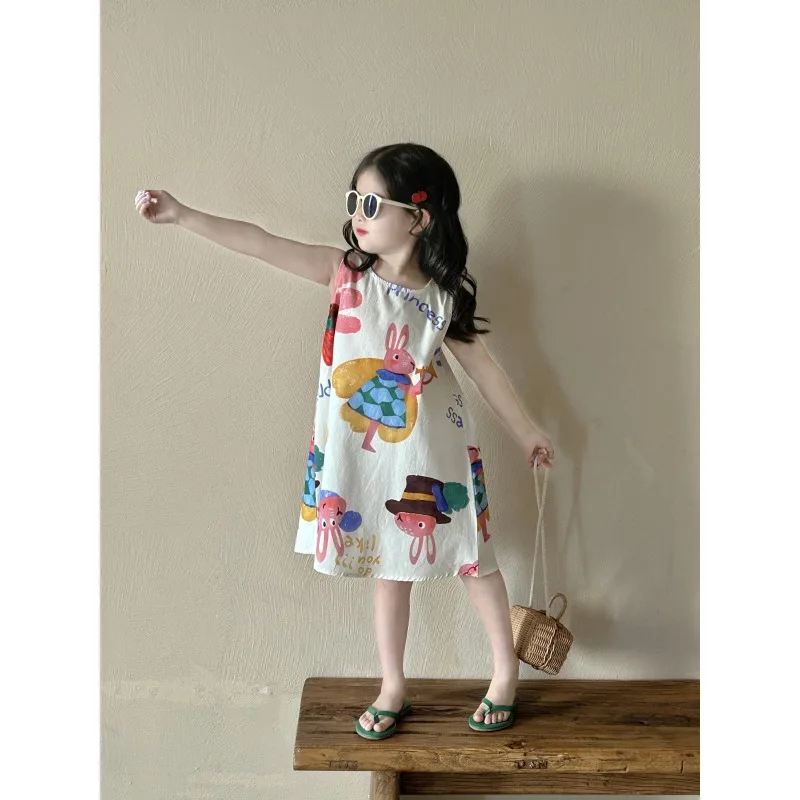 New Summer Baby Girls Dress Cute Rabbit White Sleeveless Dress Children Clothing E24093