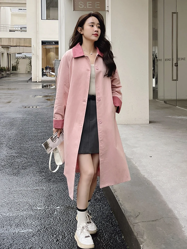 LANMREM Contrasting Color Windbreaker For Women Lapel Long Sleeves Single Breasted Mid Length Trench Coat 2024 Autumn 2DA8980