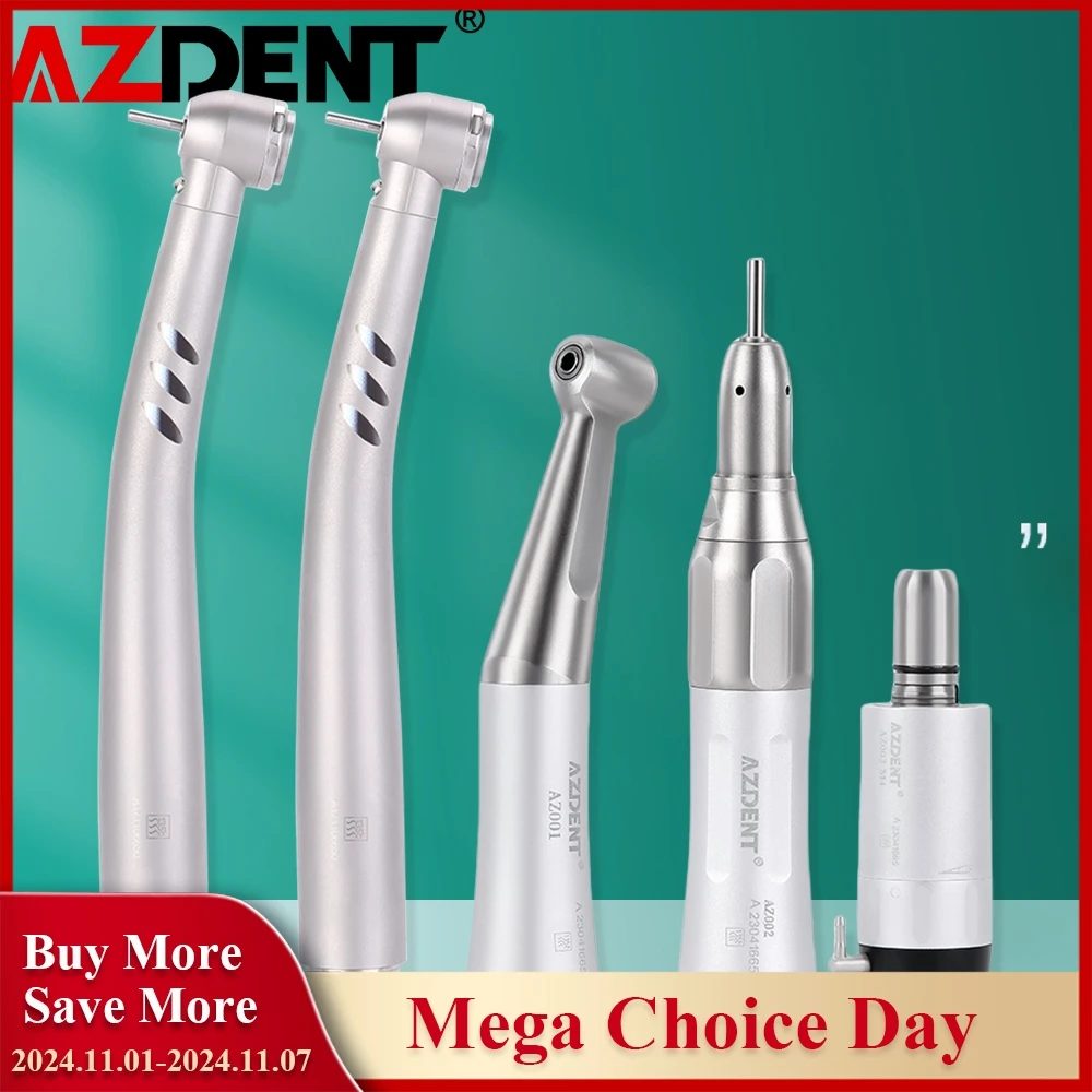 

Azdent Dental LED High Low Speed Handpiece Kit Push Button 3 Water Spray 1:1 Standard Head Contra Angle Straight Air Motor Set