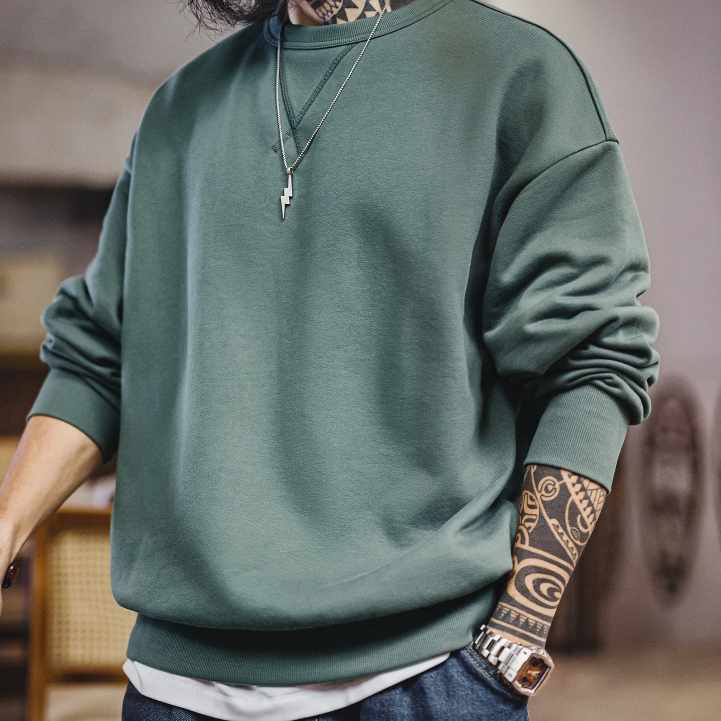 

Maden Heavyweight Knit Sweatshirt Loose Fit Crewneck Long Sleeve Pullover Men's Casual Basic Layering Piece for Spring Autumn