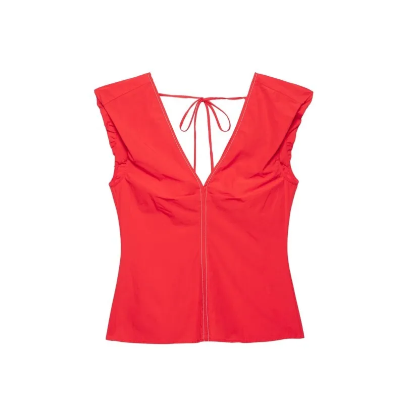 Women's vest Versatile Color Blocking Top Casual V-neck Sleeveless Lape-up Contrast Topstitching Top Vintage Female Chic Tops