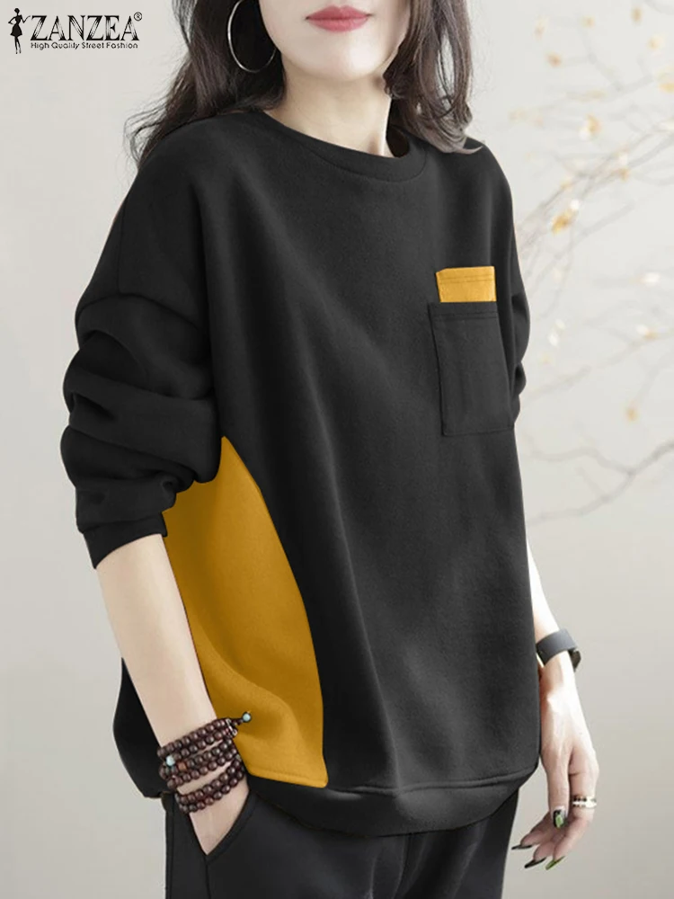 ZANZEA 여성용 캐주얼 긴팔 후드티, 패치워크 점퍼, 스타일리시 루즈한 후드티, 풀오버, 가을 패션, 2024