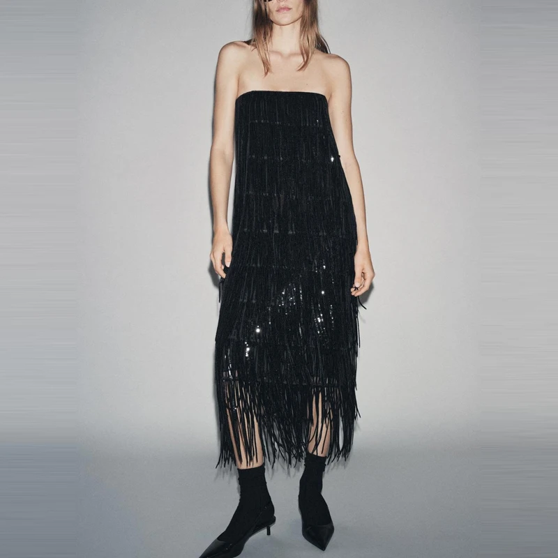 Mode glanzende pailletten jarreteljurk dames elegante kwastje mouwloze club feestjurk casual high street effen lange jurken