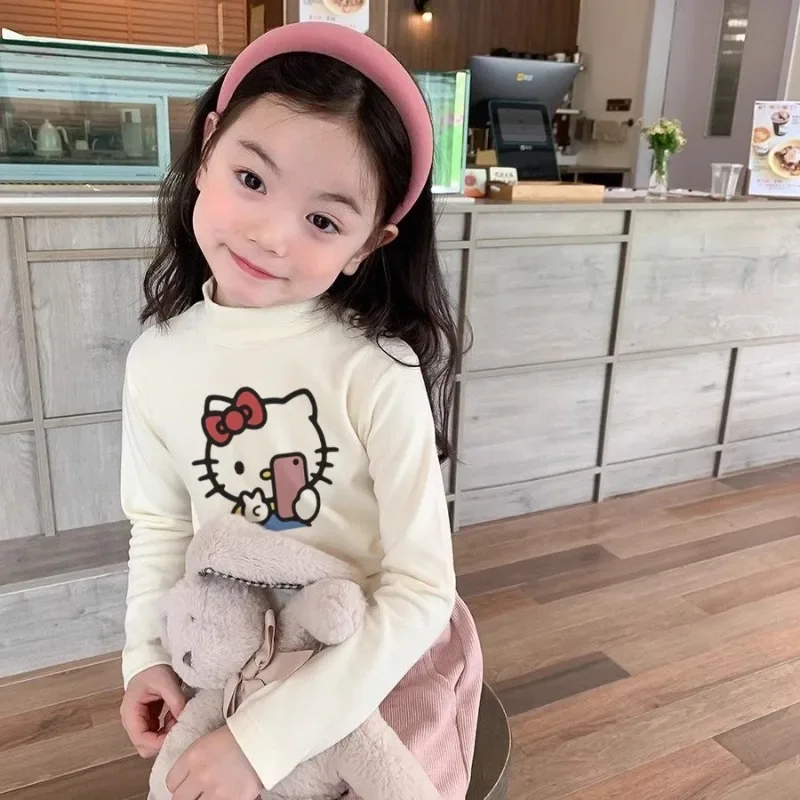 Girls Kawaii Kuromi Hello Kitty My Melody Autumn Winter Bottoming Shirt Tops Chidren Long Sleeved Half-high Collar Pullover Gift