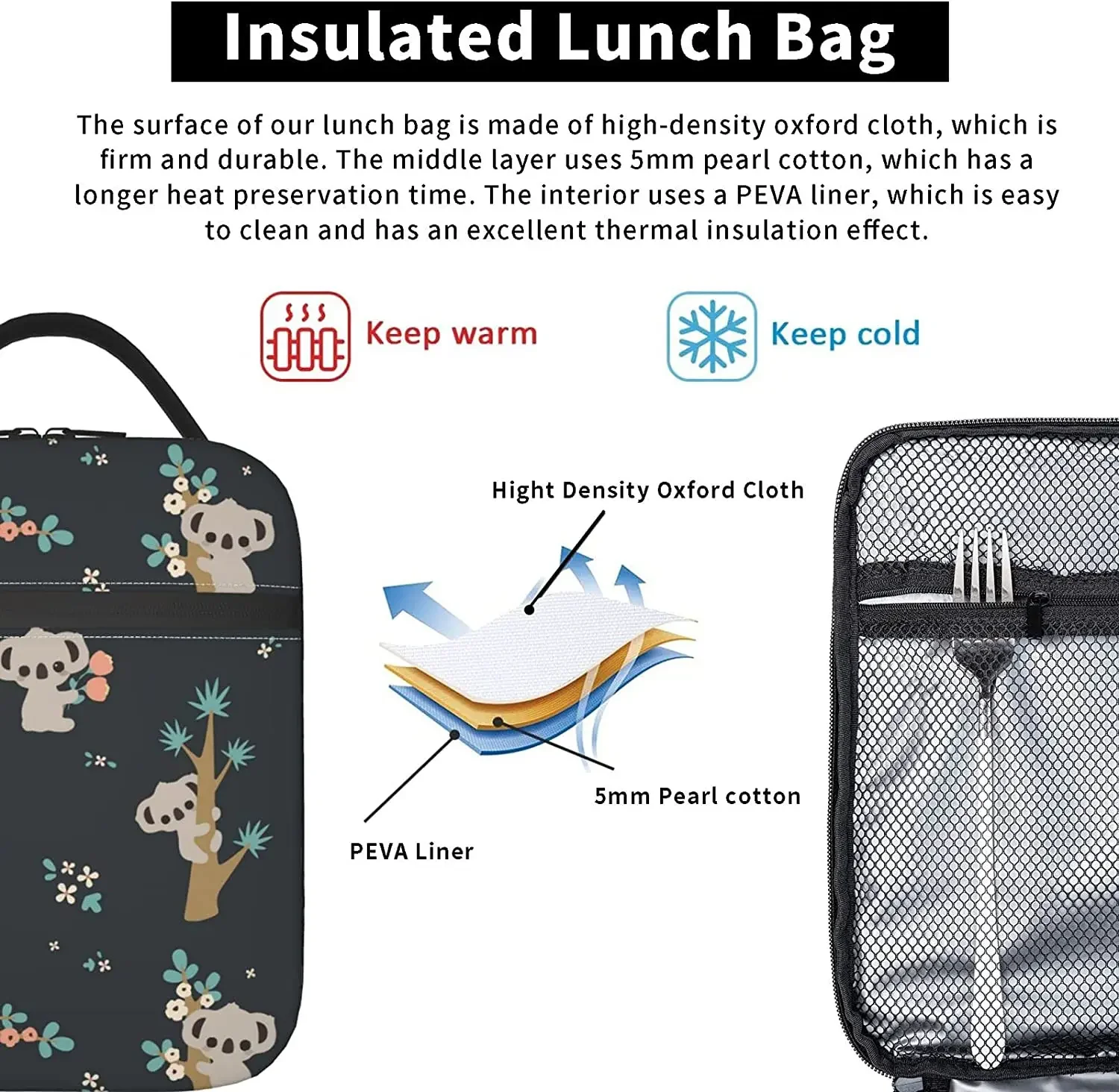 Lunch Box Insulated Lunch Bag for Women Men Cute Floral Koala Reusable Cooler Tote Bags for Work Picnic Outdoor