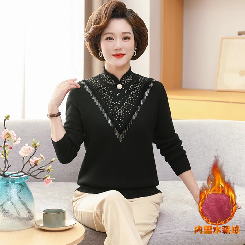 Women's Cashmere Wool Sweater Elegant Knitted Pullovers High End Middle-aged Women Half Turtleneck Jumper Fashion Spring Autumn