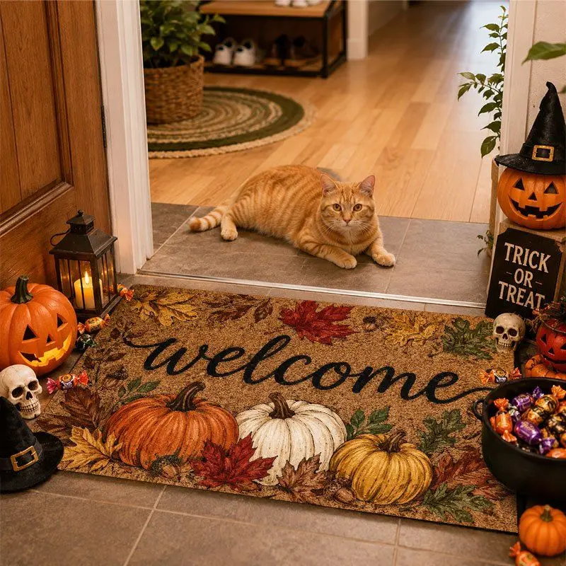 VIKAMA Vintage Fall Harvest Doormat Pumpkin Maple Leaf Washable Non‑Slip Indoor Outdoor Entrance Front Door Floor Mat Home Decor