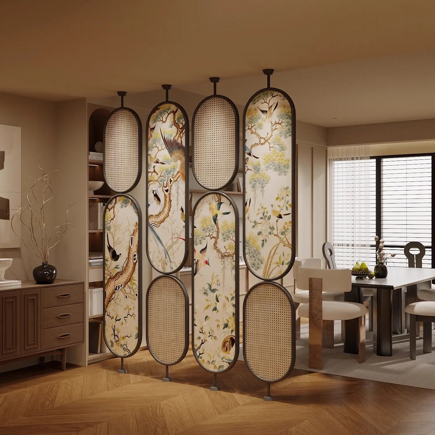 Chinese medieval rattan screen partition living room French entry rotating home hotel restaurant background retro