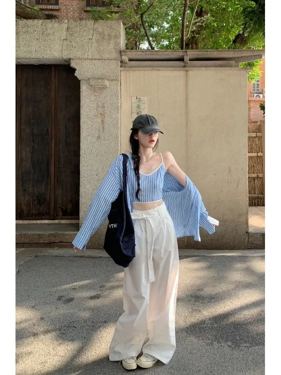 

plus Size American Retro Striped Shirt Casual Wide Leg Pants Slimming Summer Fashion Set for plus Size Women High Waist Pear ...